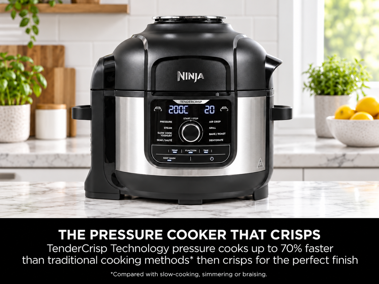 Multi-cooker on a kitchen worktop showing TenderCrisp cooking
