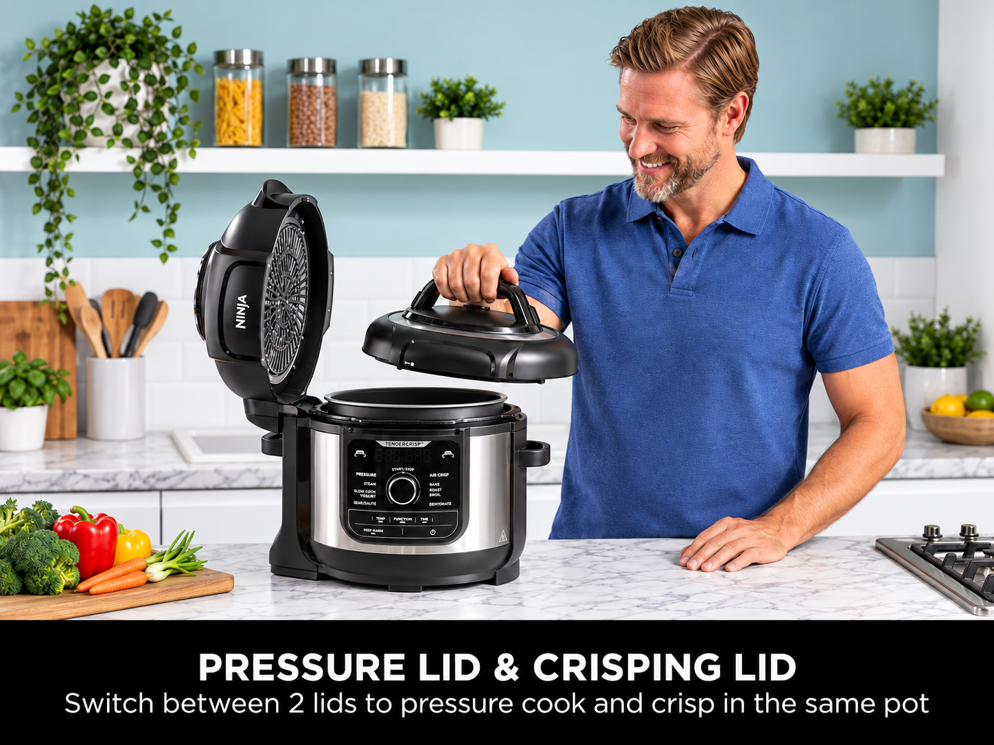 Pressure lid and crisping lid shown in a modern kitchen
